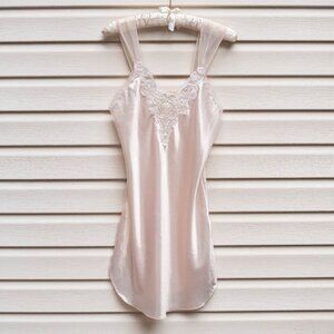 Vtg Dentelle USA Pink Satin‎ Beaded Lace Chemise Slip Dress Nightgown Sz S Y2K